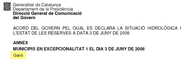 Extracte de l'acord de Govern de la Generalitat de Catalunya pel que Gav&agrave; passa de l'excepcionalitat 2 a 1 (3 de juny de 2008)